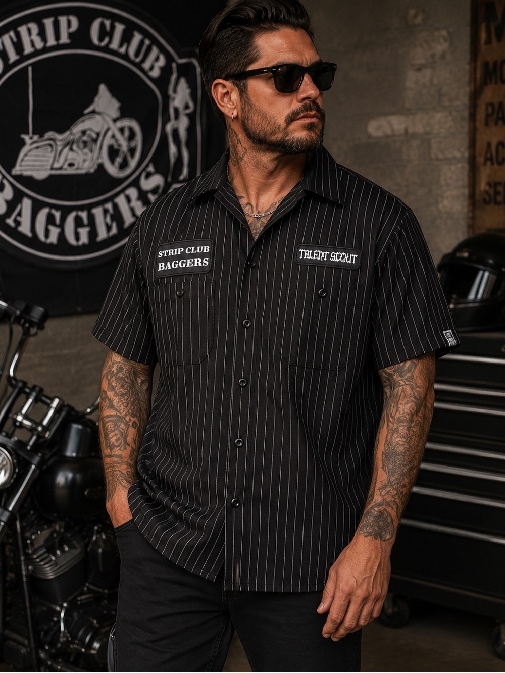 Black Pinstripe Short-Sleeve Work Shirt